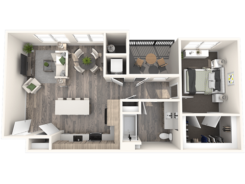 Floor plan for 1 bed, 1 bath, 884 sqft
