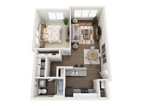 Floor plan for 1 bed, 1 bath, 726 sqft