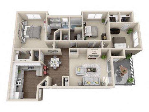 Floor plan for 3 beds, 2 baths, 1364 sqft