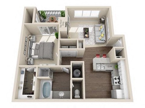 Floor plan for 1 bed, 1 bath, 733 sqft