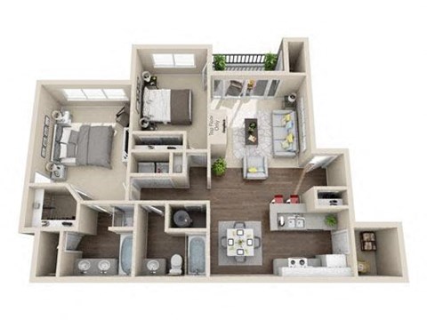 Floor plan for 2 beds, 2 baths, 1040 sqft