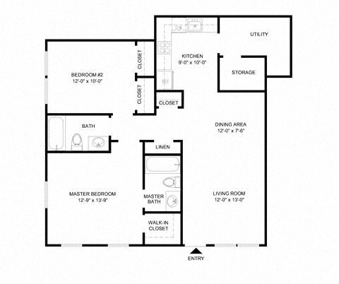 Floor plan for 2 beds, 2 baths, 1400 sqft
