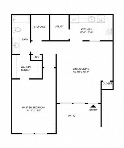 Floor plan for 1 bed, 1 bath, 900 sqft