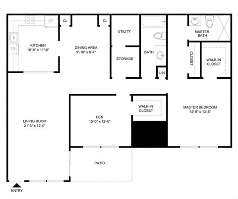 Floor plan for 1 bed, 2 baths, 1270 sqft