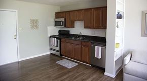 Greensboro apartment for rent - a kitchen with a stove and a sink and a microwave