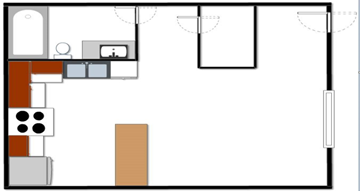Denton apartment for rent - a floor plan of a room with a bathroom and a kitchen and a bedroom with