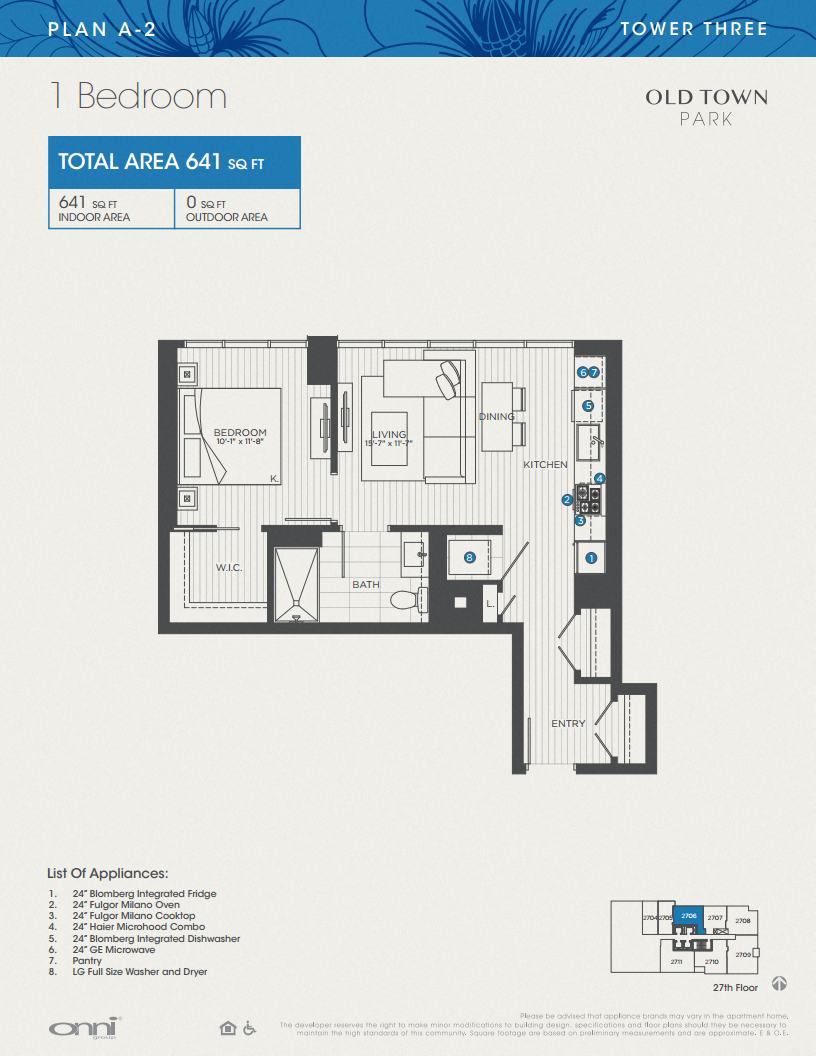 Floor plan for 1 bed, 1 bath, 641 sqft