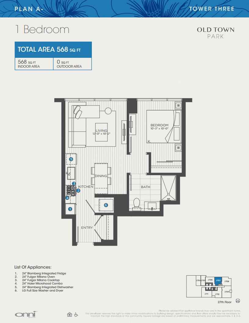 Floor plan for 1 bed, 1 bath, 568 sqft