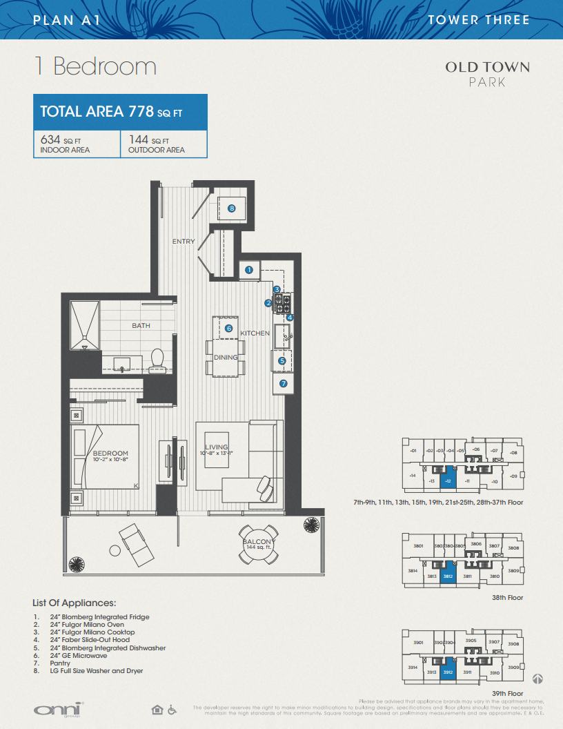 Floor plan for 1 bed, 1 bath, 634 sqft
