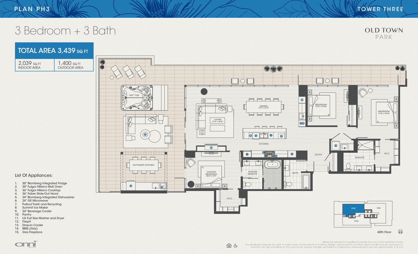Floor plan for 3 beds, 3 baths, 2039 sqft