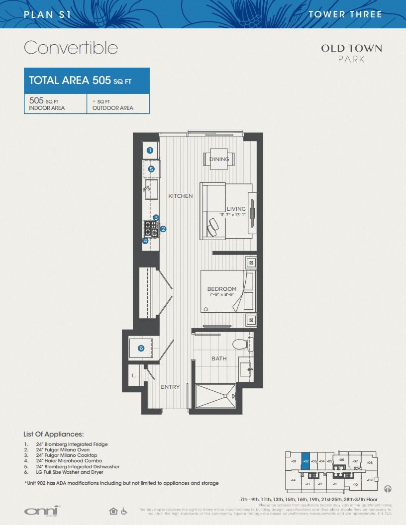 Floor plan for studio, 1 bath, 505 sqft