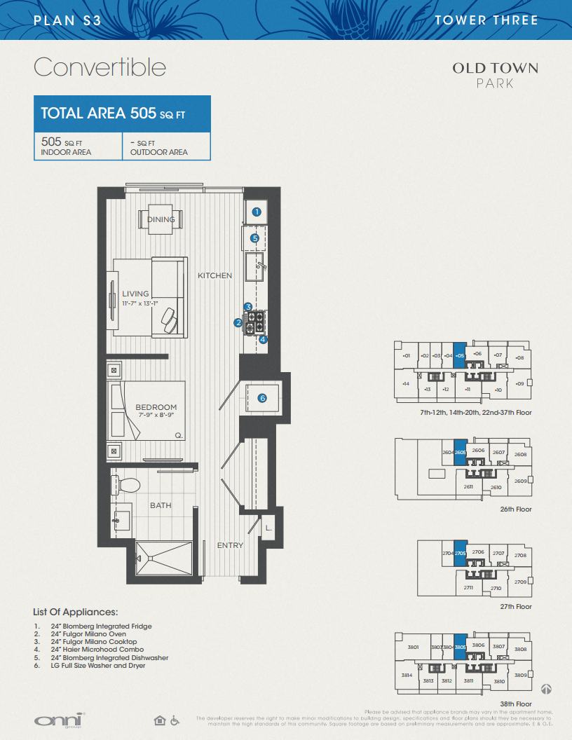 Floor plan for studio, 1 bath, 505 sqft