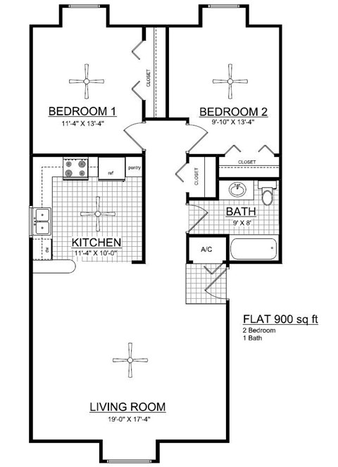 Floor plan for 2 beds, 1 bath, 900 sqft