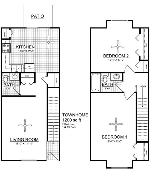 Floor plan for 2 beds, 1.5 baths, 1200 sqft