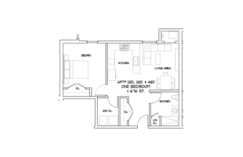 Floor plan for 1 bed, 1 bath, 676 sqft