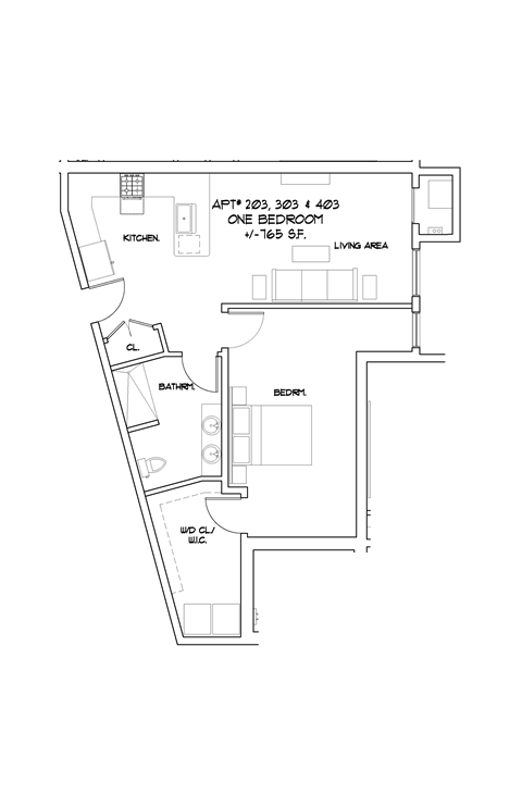 Floor plan for 1 bed, 1 bath, 765 sqft