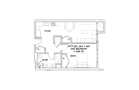 Floor plan for 1 bed, 1 bath, 685 sqft