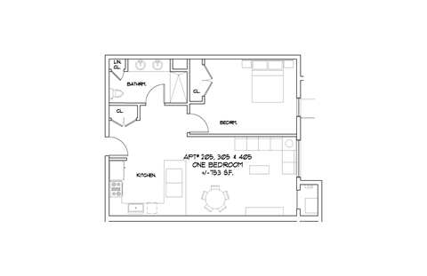 Floor plan for 1 bed, 1 bath, 753 sqft