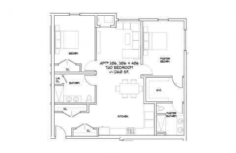 Floor plan for 2 beds, 2 baths, 1260 sqft