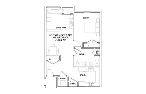 Floor plan for 1 bed, 1 bath, 864 sqft