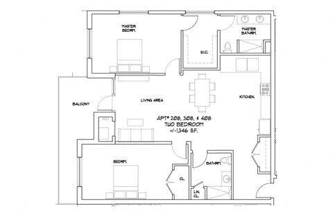 Floor plan for 2 beds, 2 baths, 1346 sqft