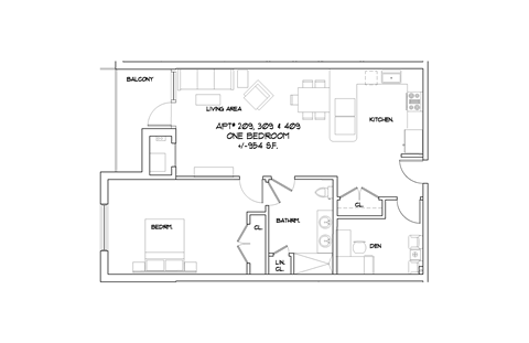 Floor plan for 1 bed, 1 bath, 954 sqft