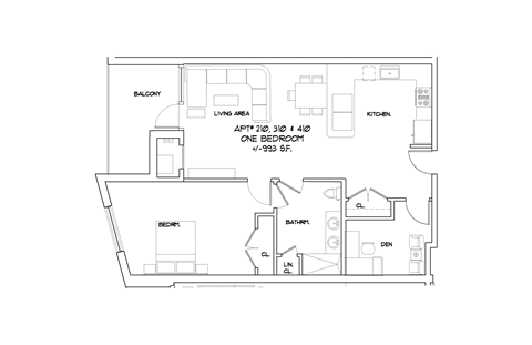 Floor plan for 1 bed, 1 bath, 993 sqft