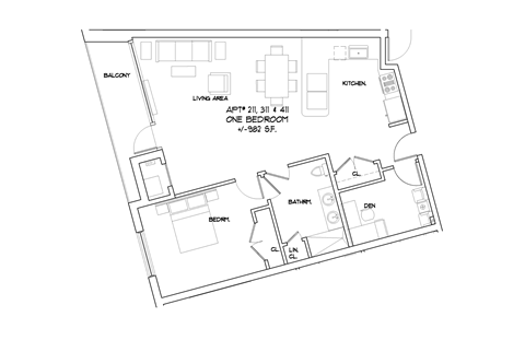 Floor plan for 1 bed, 1 bath, 1009 sqft