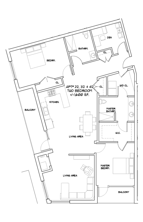 Floor plan for 2 beds, 2 baths, 1600 sqft