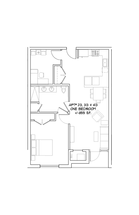 Floor plan for 1 bed, 1 bath, 862 sqft