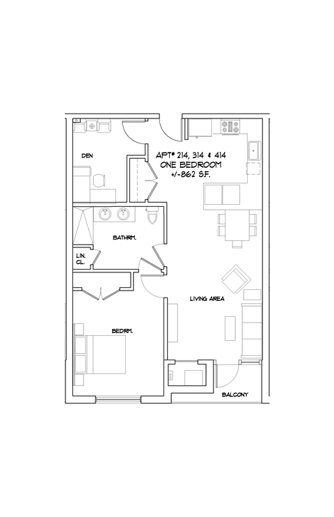Floor plan for 1 bed, 1 bath, 870 sqft