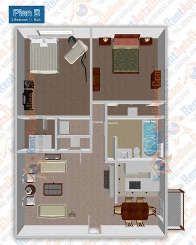 Floor plan for 2 beds, 1 bath, 950 sqft