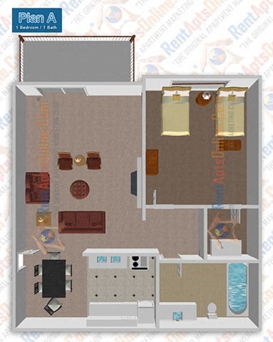 Floor plan for 1 bed, 1 bath, 700 sqft