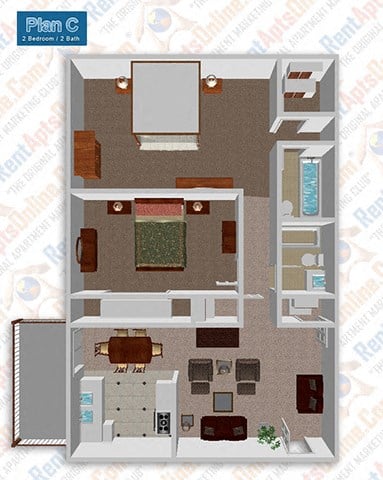 Floor plan for 2 beds, 2 baths, 973 sqft