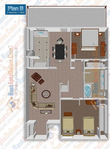 Floor plan for 2 beds, 1 bath, 894 sqft
