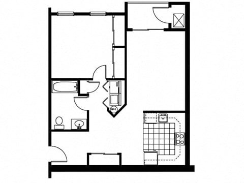 Floor plan for 1 bed, 1 bath, 800 sqft