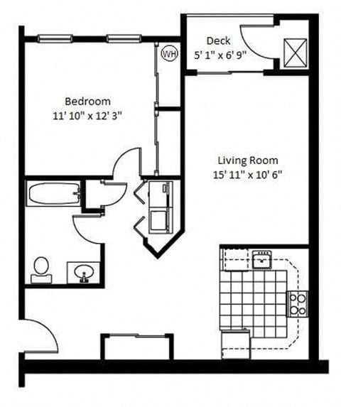 Floor plan for 1 bed, 1 bath, 905 sqft