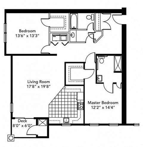 Floor plan for 2 beds, 2 baths, 1360 sqft