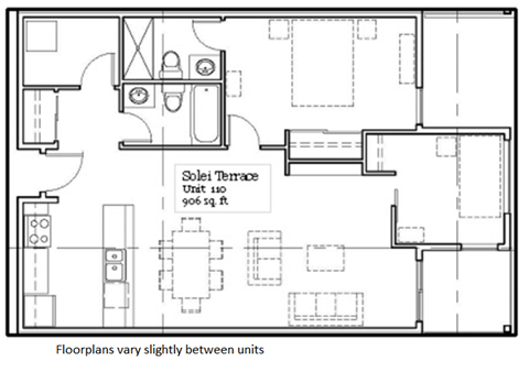 Floor plan for 2 beds, 2 baths, 876 sqft