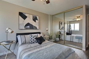 Regina apartment for rent - A bedroom with a large bed and a mirrored wall.