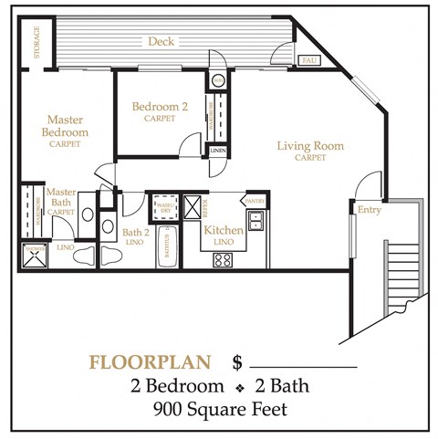 Floor plan for 2 beds, 2 baths, 900 sqft
