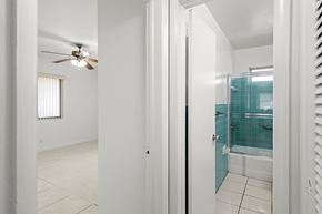 Hollywood apartment for rent - the view of the bathroom from the bedroom with the door open