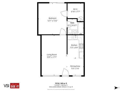 Floor plan for 1 bed, 1 bath