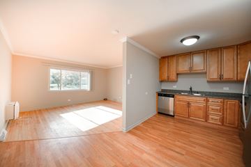 Villa Park apartment for rent - A kitchen with wooden cabinets and a refrigerator.