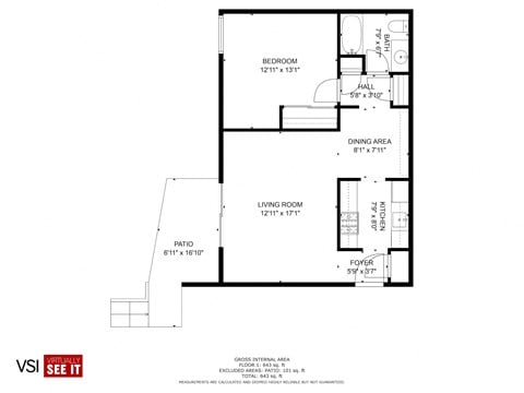 Floor plan for 1 bed, 1 bath, 700 sqft