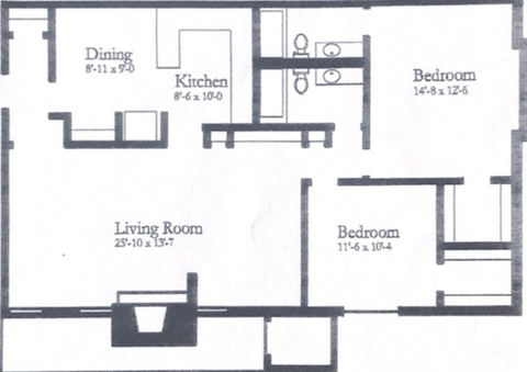 Floor plan for 2 beds, 2 baths, 1200 sqft