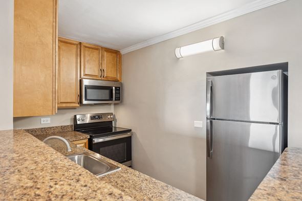 Evergreen Park apartment for rent - a kitchen with granite counter tops and a stainless steel refrigerator