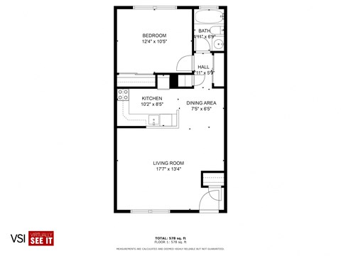 Floor plan for 1 bed, 1 bath, 700 sqft