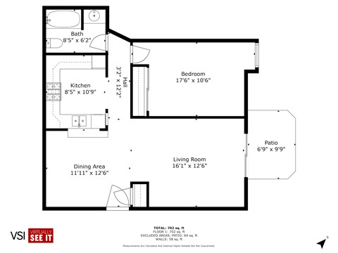 Floor plan for 1 bed, 1 bath, 725 sqft