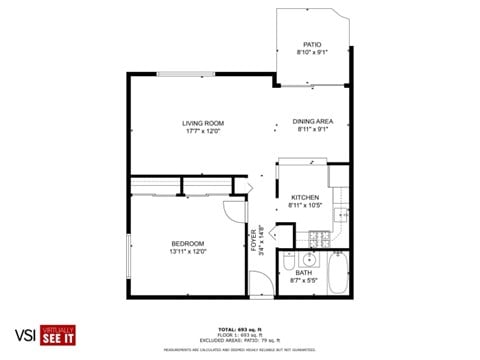 Floor plan for 1 bed, 1 bath, 700 sqft